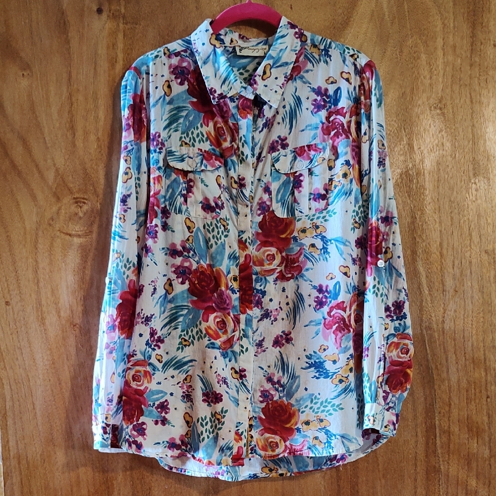 Magazine Womens Floral Button-Up Top Blue Red Convertible Sleeve Cotton India L